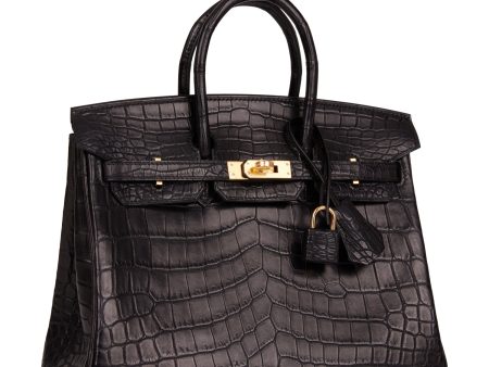 Hermes Birkin 25 Black Matte Niloticus Crocodile Gold Hardware Hot on Sale