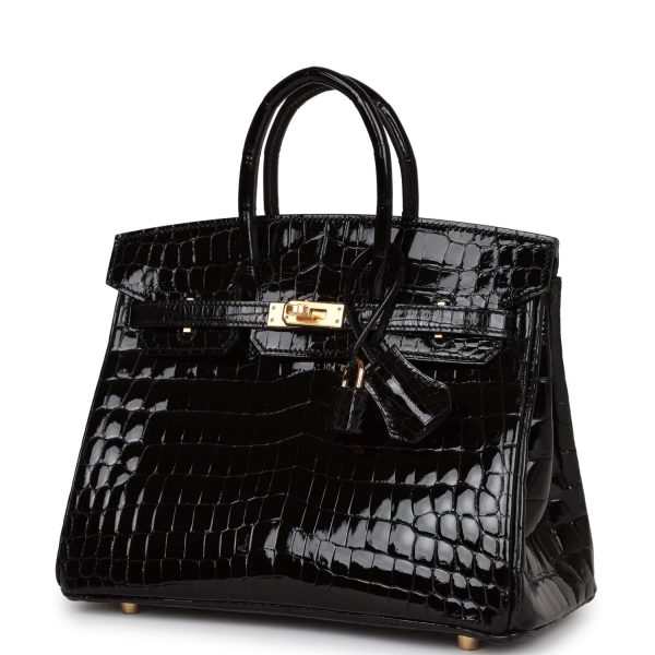 Hermes Birkin 25 Black Shiny Niloticus Crocodile Gold Hardware Online now