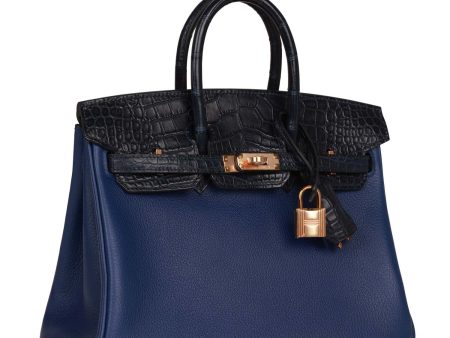 Hermes Birkin 25 Bleu Marine Matte Alligator and Bleu Saphir Novillo Touch Rose Gold Hardware Discount