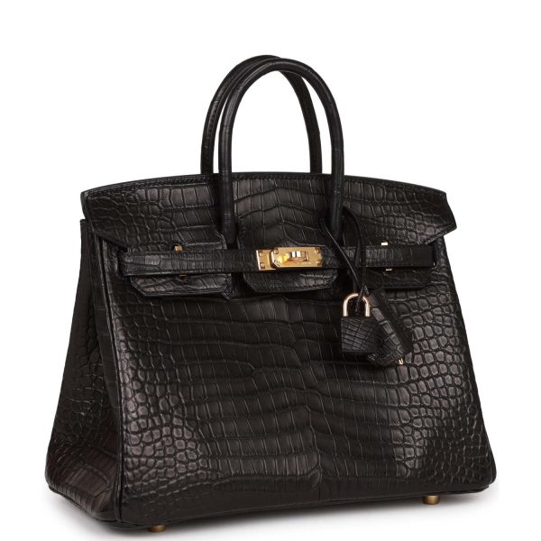 Hermes Birkin 25 Black Matte Porosus Crocodile Gold Hardware Sale