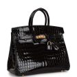 Hermes Birkin 25 Black Shiny Niloticus Crocodile Gold Hardware Online now